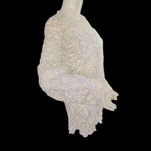 Moshita Couture Open Bolero Cardigan Ribbon Lace White Ivory Long Slv Womens 10